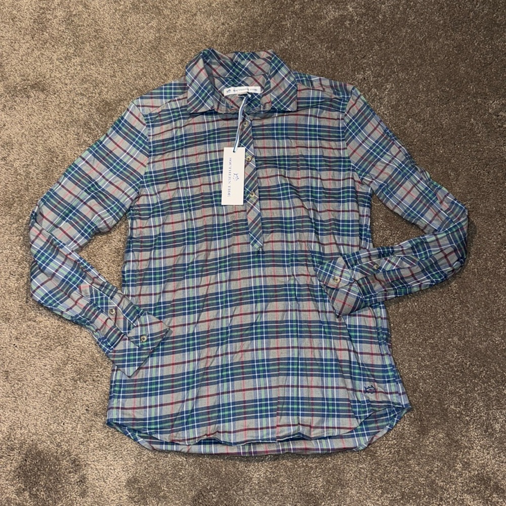 Southern Tide Blue Plaid Popover Henley Button Front Shirt NWT SIZE XS